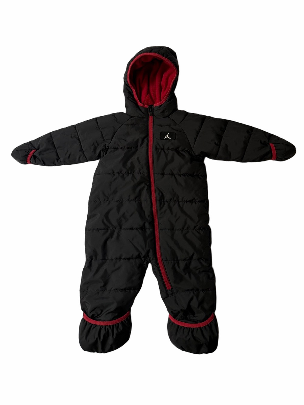 Jordan Black Onsie One Piece Winter Snowsuit Foot Hand Flaps Red Trim 12 Months